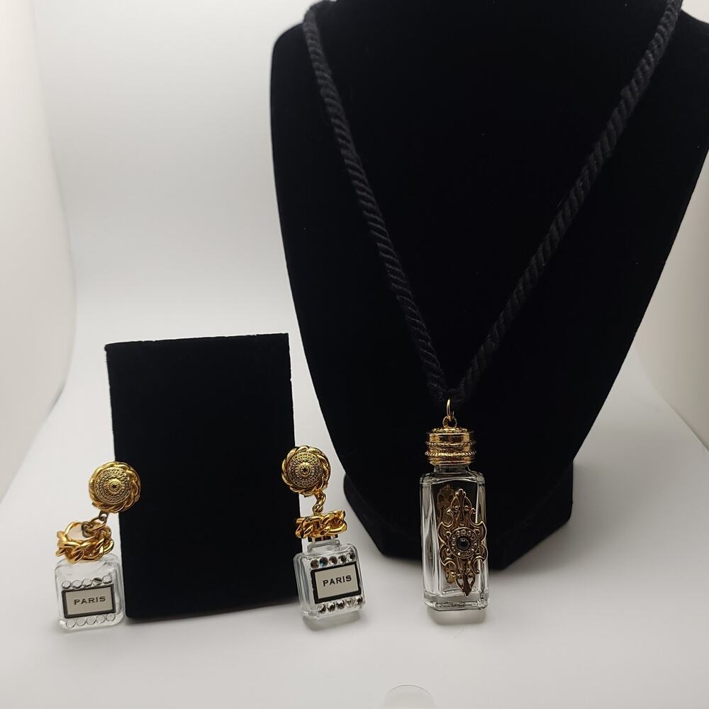 Corded Necklace & Gold tone Clip On Earrings with Small Glass Vial Pendants